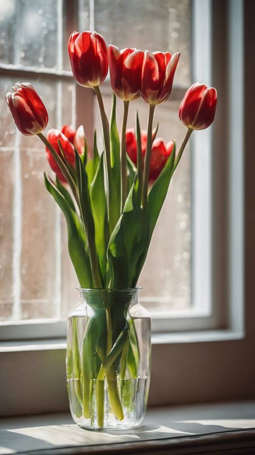 Kilka żywych czerwonych i białych tulipanów w szklanym wazonie, oświetlonych naturalnym światłem.