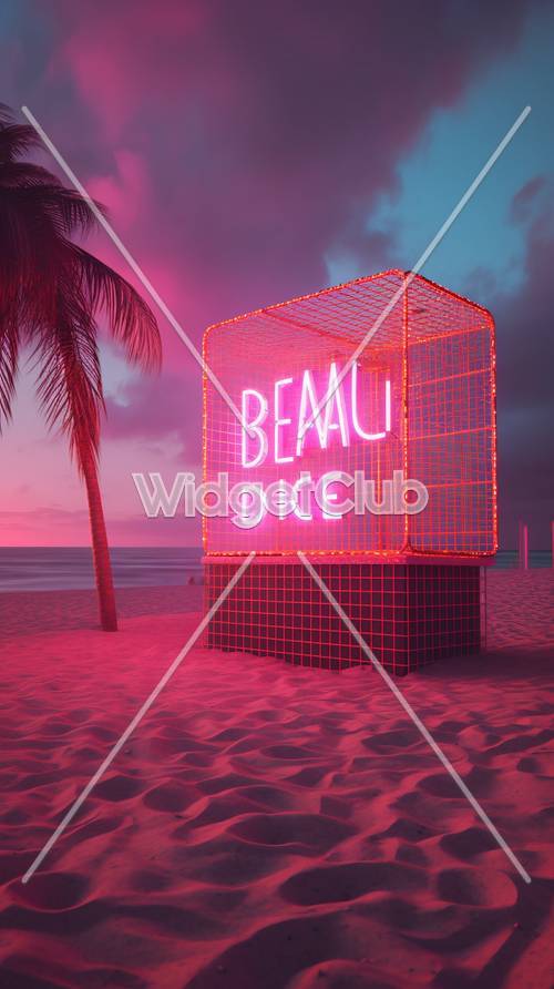 Neon Cube sur une plage au coucher du soleil