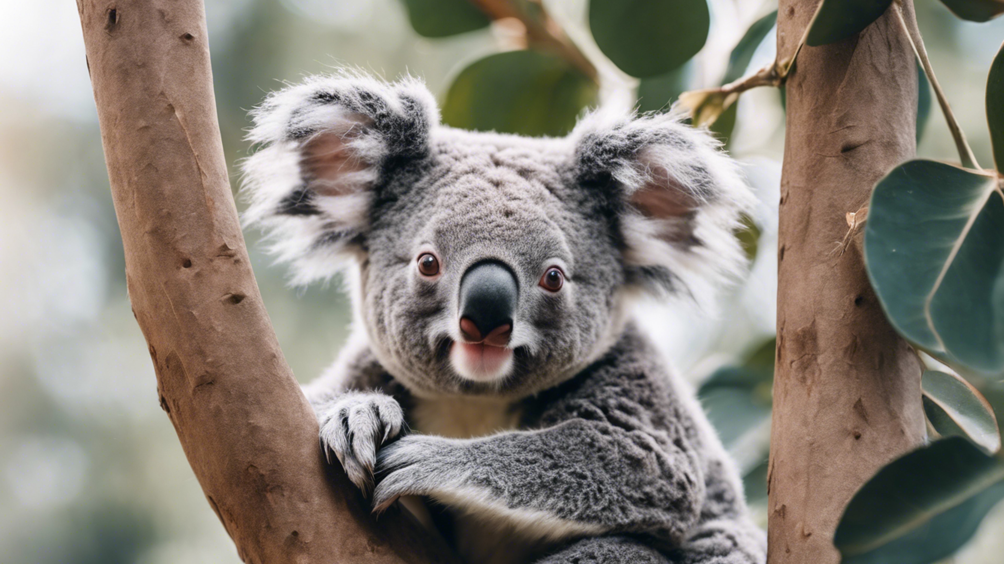 A cute gray koala bear hanging from a eucalyptus tree, winking playfully. Wallpaper[4ae578195879449091ff]