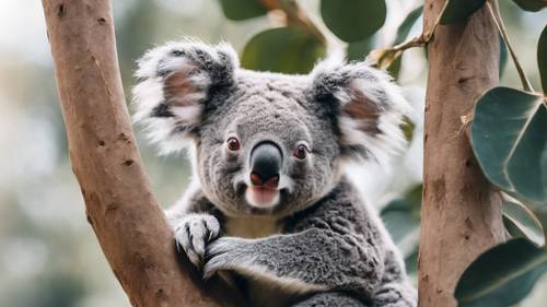Słodki szary miś koala zwisający z drzewa eukaliptusowego, mrugający żartobliwie.