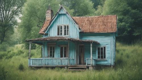 Una antigua casa rústica de madera pintada en azul pastel y verde, situada en medio de un entorno rural.