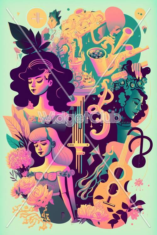 Ilustração artística colorida de figuras míticas e elementos musicais
