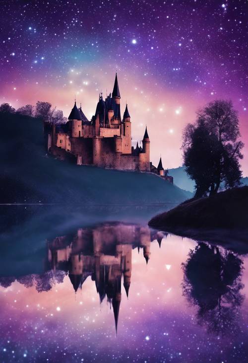 Siluet kastil megah dengan langit campuran bintang berkelap-kelip dan warna ungu dan biru yang mengalir.