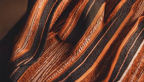 Zbliżenie na misternie zaprojektowany krawat w ciemne i jasnopomarańczowe paski, idealny dodatek do stylizacji preppy.