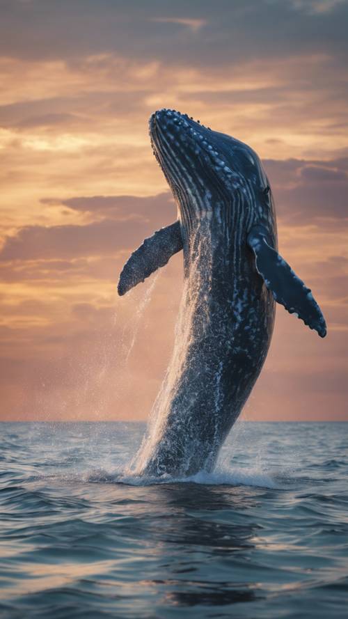 Un cucciolo di balena grigia paffuto che schiaffeggia giocosamente la coda sulla superficie del mare al tramonto.