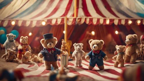 A teddy bear ringleader presenting a circus scene with toy animals performing stunts in a toy circus tent.