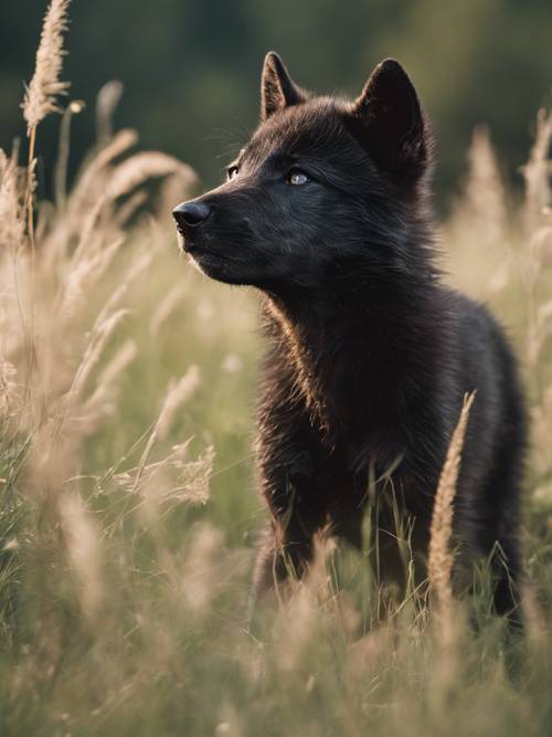 A black wolf pup trying to bark for the first time amidst a field of soft grass.