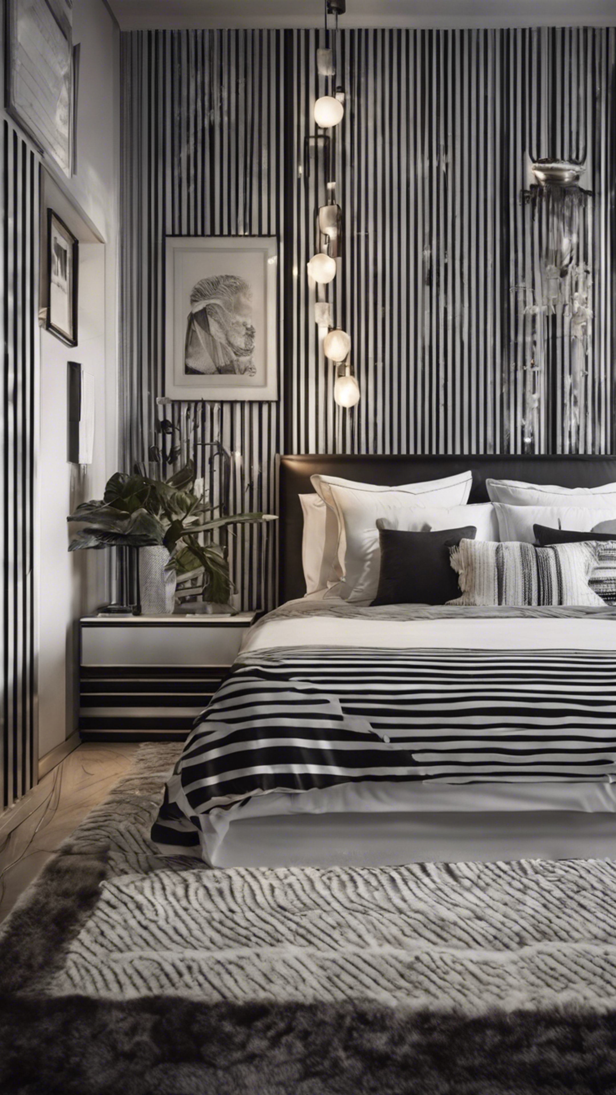 A modern bedroom with black and white striped wallpaper. Wallpaper[2a6e9262711447fbae34]