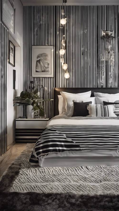 A modern bedroom with black and white striped wallpaper.