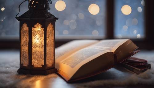 A traditional Christmas lantern illuminating a frosted windowpane, casting a warm glow on an open book of Christmas stories.