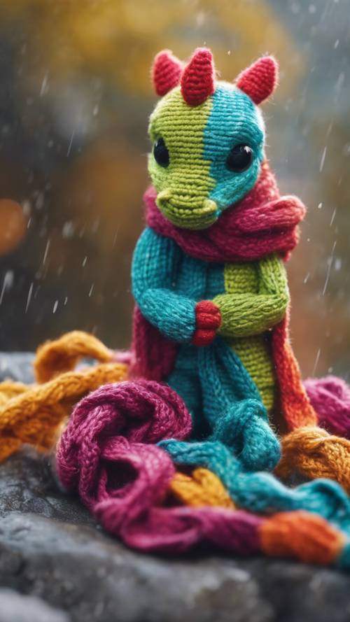 A small, cute dragon knitting a colorful scarf with its claws on a rainy day.
