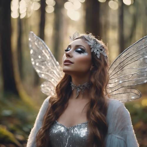 은빛 반짝이는 화장과 요정 날개를 가진 예쁜 소녀가 마법의 숲 한가운데서 낄낄거리고 있습니다.