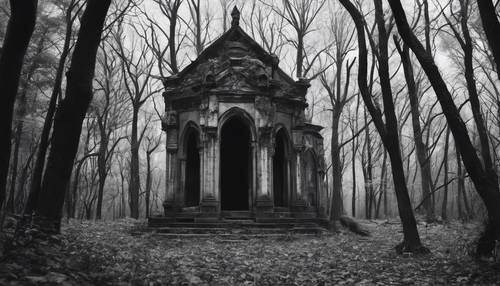 Uma paisagem misteriosa com mausoléus góticos aninhados em uma floresta densa e morta, em preto e branco.