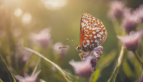 A lone butterfly hunting nectar from a snake's head fritillary bloom.