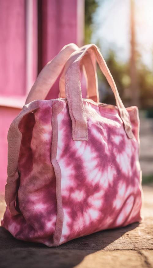 Una borsa di tela rosa tie-dye seduta alla luce del sole con un&#39;ombra morbida.