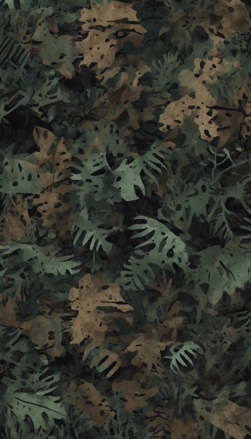 Dark camouflage pattern with a blend of black, dark greens and browns, designed for stealth in night time jungle environments.