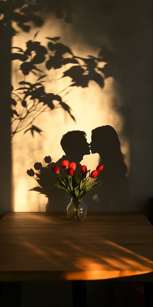 Silhouette romantique d&#39;un baiser au coucher du soleil