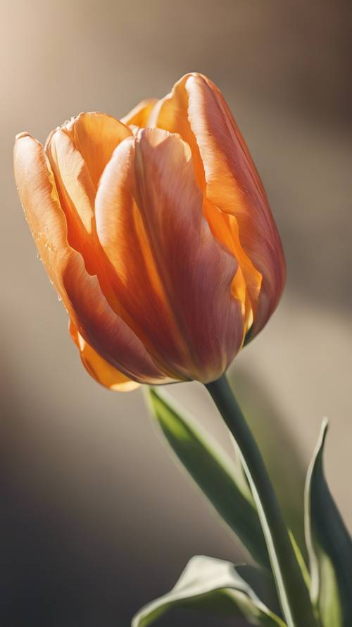 زهرة توليب برتقالية بتلات مفتوحة جزئيًا، ومغمورة بضوء الصباح.