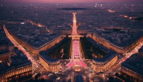 Uma deslumbrante vista aérea de Paris à noite, mostrando uma cidade envolta em luzes coloridas com o Arco do Triunfo no centro.