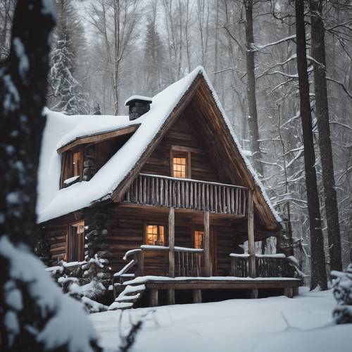 A rustic wooden cabin with smoke billowing from the chimney, nestled in a snowy forest.