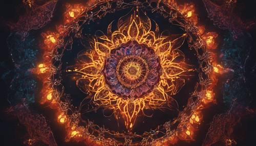 Delikatny symbol mandali, ozdobiony jasnymi kolorami i otoczony delikatnie ryczącymi płomieniami w ciemnej atmosferze.