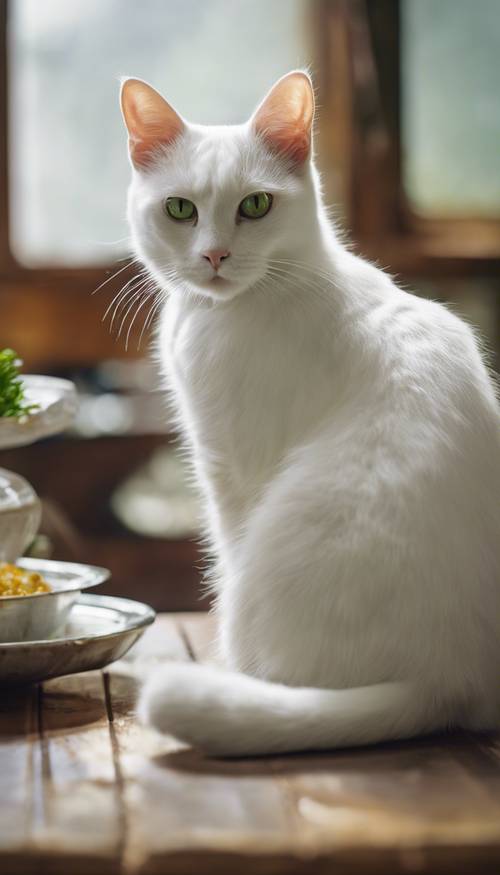 Sebuah lukisan seekor kucing putih bermata hijau yang duduk dengan cantik di atas meja dapur pedesaan.