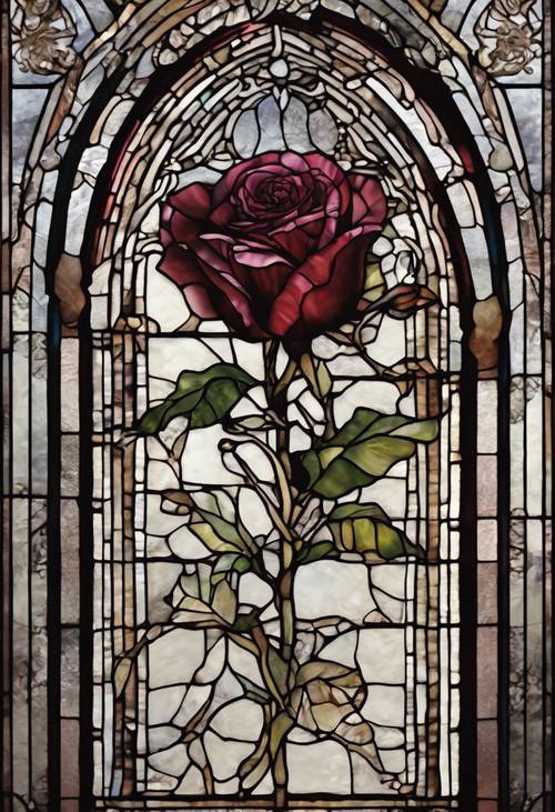 Um desenho de vitral de uma rosa escura em flor centrada em um arco gótico.