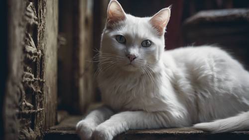 An intriguing Victorian ghost story style portrait of a spectral white cat, its figure almost translucent, in a dimly lit, abandoned mansion.