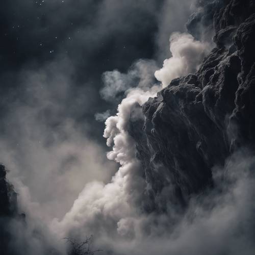 Grey smoke tendrils rising from the depths of a chasm into the moonlit night.