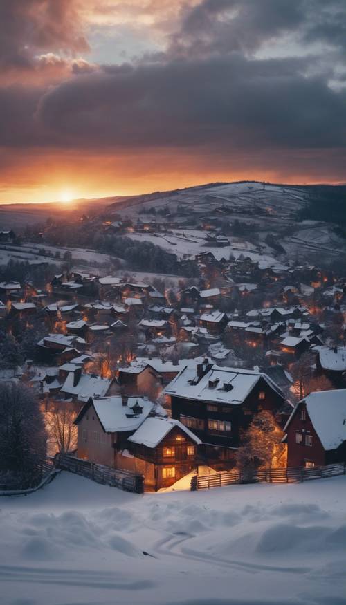 Um pôr do sol na véspera de Natal projetando sombras ameaçadoras sobre uma vila escura e coberta de neve no vale abaixo.