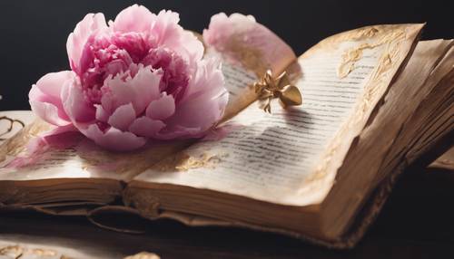 Sebuah buku kuno terbuka dengan bunga peoni merah muda menempel di antara halaman emasnya.