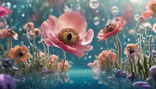 A whimsical, vibrant illustration of anemones, reflecting an underwater fairy-tale world full of charm. Tapet [ca383e5043cf41b7a848]