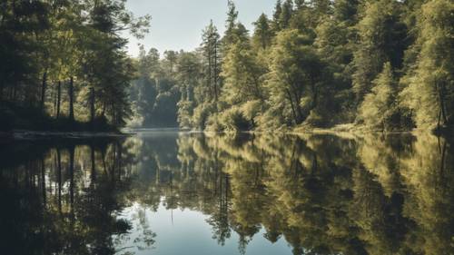 Un lago tranquillo in cui si riflettono una fitta foresta e un cielo azzurro e limpido, la serenità che riecheggia la frase &quot;Il fallimento non mi sopraffarà mai se la mia determinazione a riuscire è abbastanza forte&quot;.