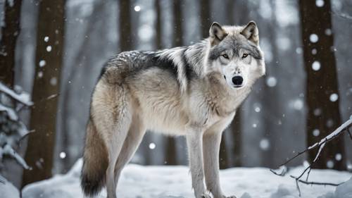 Un lobo gris y blanco de pie majestuosamente en un bosque nevado.