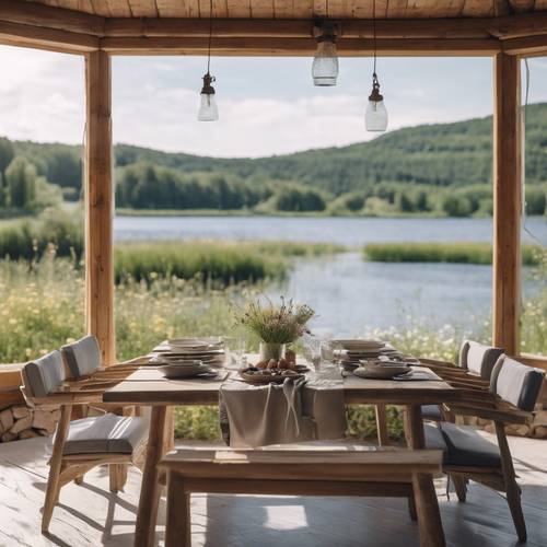 A Scandinavian dining space with a wooden table set up for lunch, featuring rustic stoneware, bamboo cutlery, fresh picked wildflowers, and a scenic view of a lake as the backdrop.