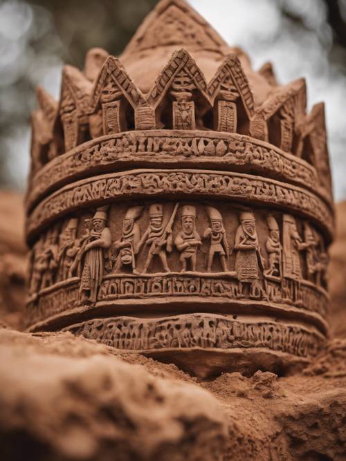 A terracotta crown adorned with carvings of warriors, found buried in an ancient tomb.