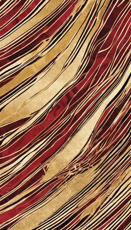 An abstract, seamless pattern of thin, irregular hand-drawn stripes in gold and deep red hues.