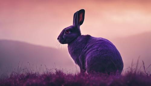 Abstraktes Porträt eines majestätischen lila Kaninchens auf einem nebligen Hügel, das sich als Silhouette vor dem Morgenhimmel abzeichnet.