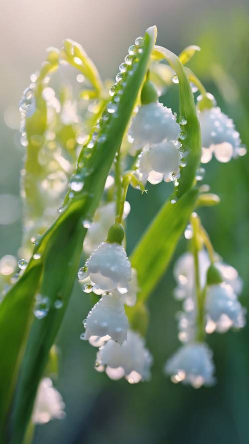 Gambar makroskopis Lily of the Valley yang dicium embun dalam cahaya pagi.