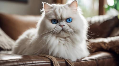 A white adult Persian cat, with striking blue eyes, sitting regally atop a brown leather couch in a rustic living room setting.