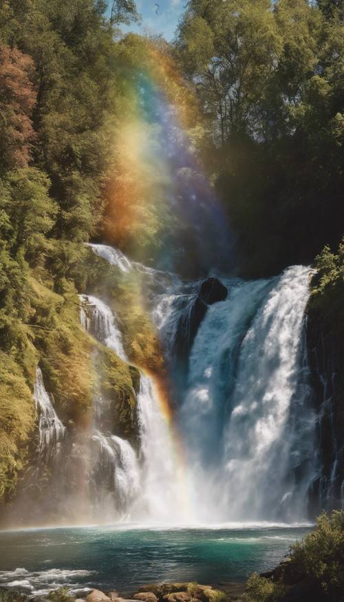 A rainbow created by a cascading waterfall on a sunny day
