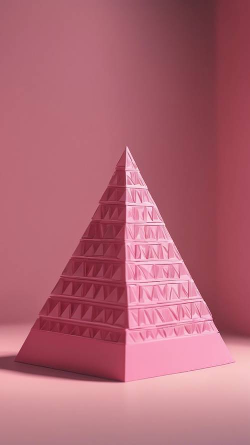 Uma pirâmide 3D em tons rosa com luz solar projetando sombras geométricas.