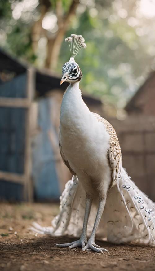 Ein junger weißer Pfau lernt auf einem einladenden Bauernhof, seine Federn auszubreiten.