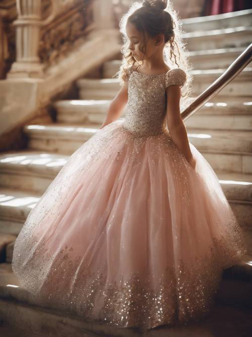 Une jeune fille vêtue d’une robe de princesse étincelante et d’un diadème, faisant une entrée remarquée dans l’escalier.