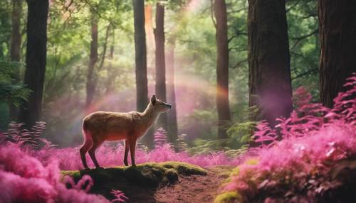 Animales del bosque contemplando un radiante arco iris rosa en un exuberante bosque verde.