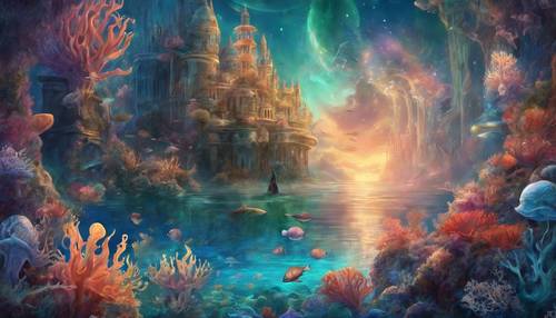 An underwater kingdom illuminated by luminescent creatures and vibrant corals, ruled by an elegant mermaid queen.