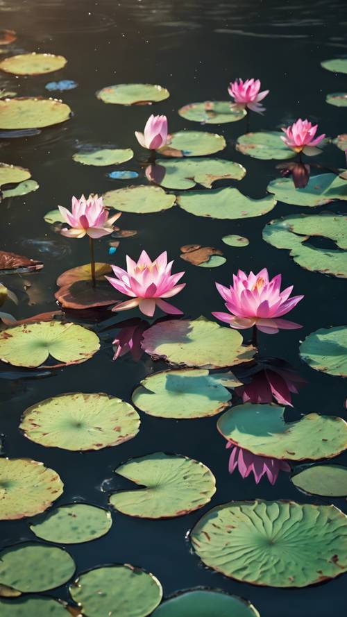 A serene water garden filled with different coloured lotuses, lily pads, dancing dragonflies and playful koi fishes.
