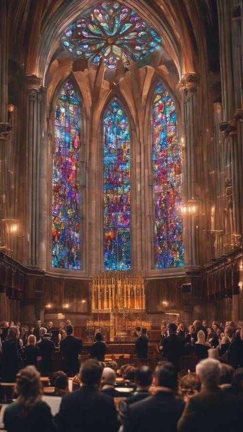 Um coro cantando em uma grande catedral, com luz multicolorida filtrada pelos vitrais.