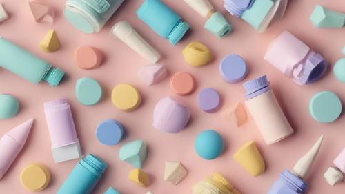 A pattern of pastel colored, minimalist art supplies scattered elegantly.