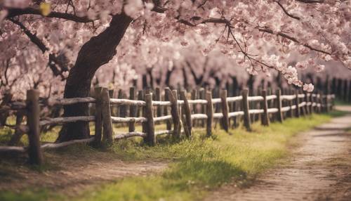 A cherry blossom tree in the countryside with a rustic wooden fence.